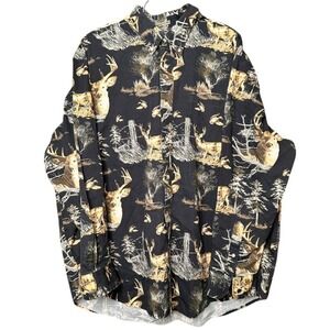 Deer Wildlife Print Button Down Shirt Black Wrinkle Free Natural Issue Mens XXL